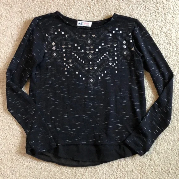 H&M black tweed top with silver diamonds and sheer trim at hem - Picture 1 of 5